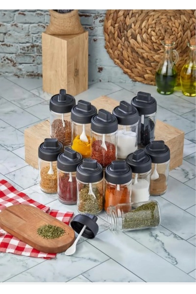 METALAY طقم أوعية توابل مكونة من 12 قطعة من الزجاج بغطاء قابل للقفل بسعة 300 مل