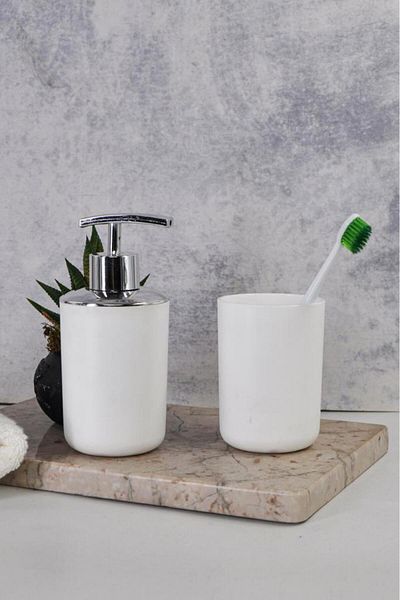 Saban Toothbrush Holder and Liquid Soap Dispenser Set of 2 White