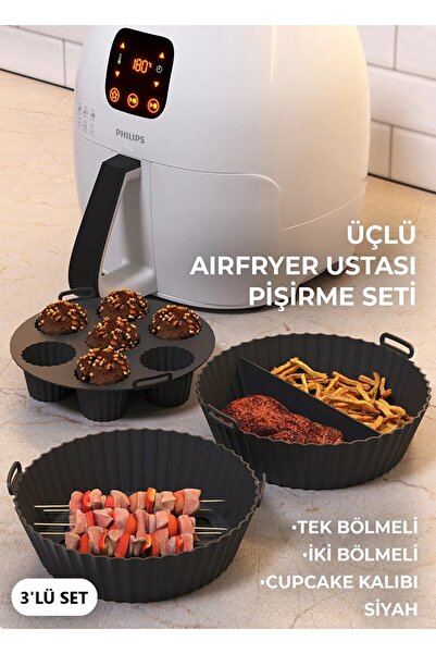 Hyd Airfryer Ustası Pişirme Seti 3'lü Silikon Pişirme Kabı Kalıbı Kağıdı