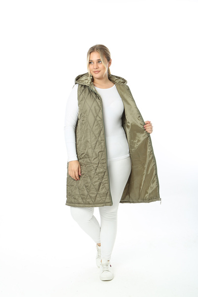 XL Modam WOMEN'S LARGE SIZE QUILTED HOODED KHAKI VEST