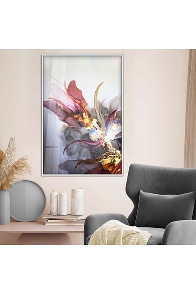 Zevahir Mobilya Dekorasyon Rama metalica argintie cu flori colorate desen modern pictura din sticla infransabila