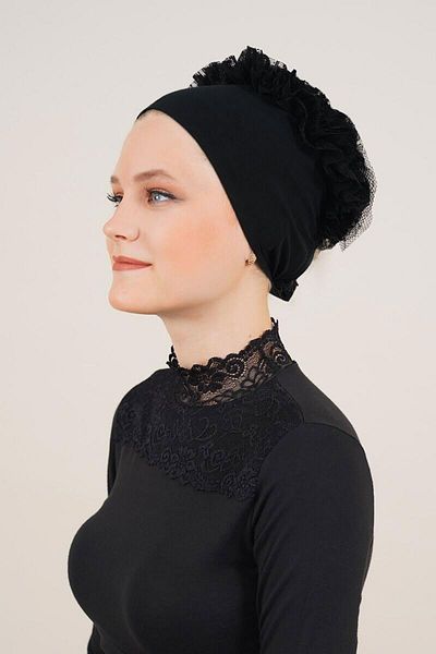 isometric Black Combed Cotton Frilly Seamless Bonnet