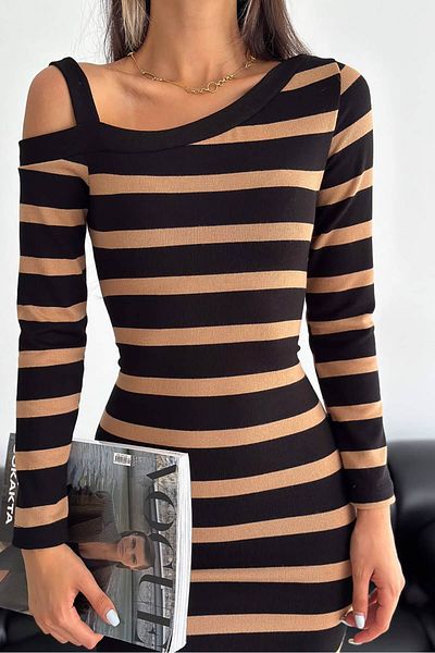 Neşeli Butik rochie tricotată cu dungi cu detaliu pe umeri pentru femei KKLF44 - Camel