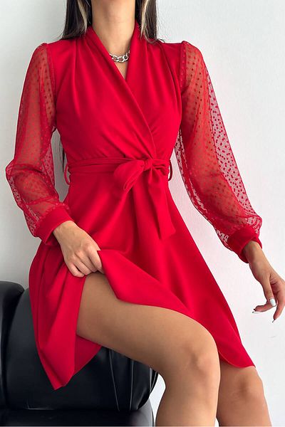 Neşeli Butik Rochie roșie cu șireturi pentru femei, cu detaliu din tul, evazată Kklf33