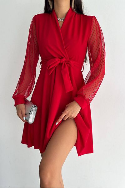 Neşeli Butik Rochie roșie cu șireturi pentru femei, cu detaliu din tul, evazată Kklf33