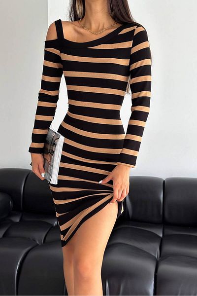 Neşeli Butik rochie tricotată cu dungi cu detaliu pe umeri pentru femei KKLF44 - Camel