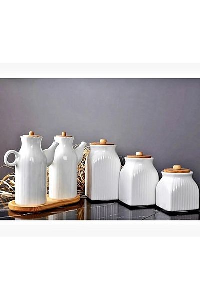Kitchen Pembelia Set of 2 6 Pieces Chamomile Porcelain 1000ml Oil Pot with Bamboo Stand and 3-Piece Jar Storage Set