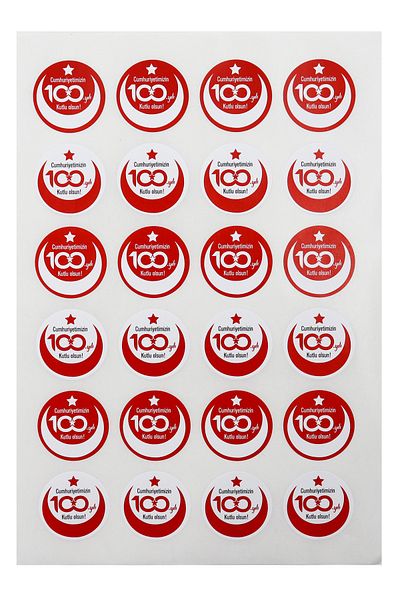 reprodesign 100.Year 29 October Republic Day Adhesive Sticker 4 cm Round 24 Pieces ( White - Red)