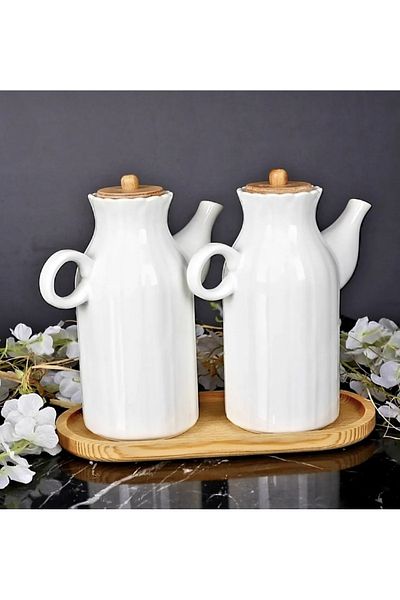 Kitchen Pembelia Set of 2 6 Pieces Chamomile Porcelain 1000ml Oil Pot with Bamboo Stand and 3-Piece Jar Storage Set