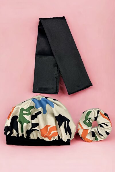 pistore Cream Pop-Art Patterned Satin Bonnet, Pillow and Buckle Set for Curly...