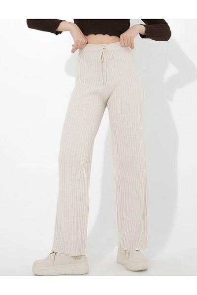 WEAR AND WEAR Women's High Waist Lace Up Loose Ribbed Knitwear Trousers Flexible Palazzo Trousers