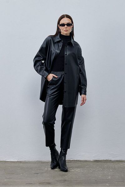 Puane Leather Look Elastic Waist Trousers 18135