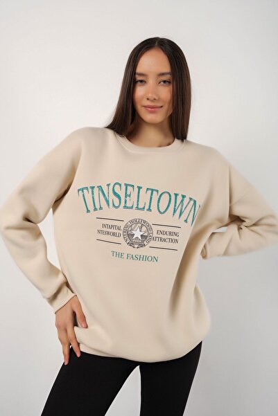 Adrift Ženska bež majica Tinseltown Štampano okrugla kragna Oversize kroj