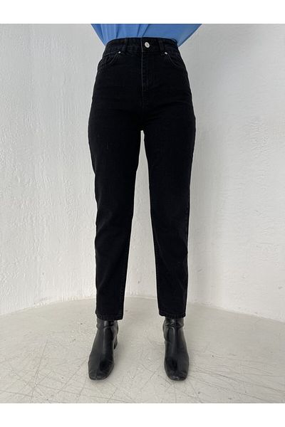 Trn JNS Candel Negru Colorfast Mom Jean Femei Iubita Talie Înaltă Power Lycra