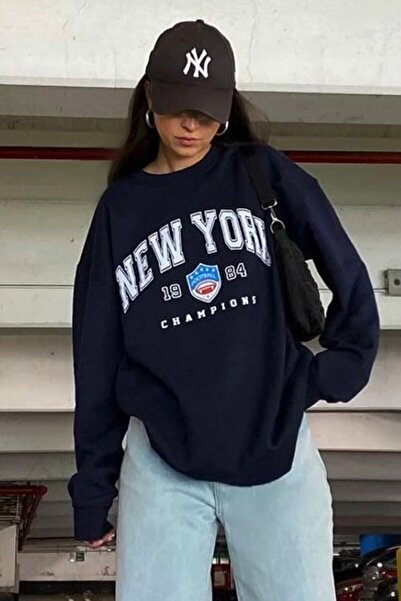 Adrift Синій Нью-Йорк з принтом, велосипедна комір, оверсайз світшот lnewyork