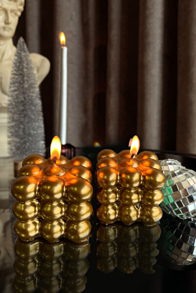 SANAT SEPET İŞLERİ Gold Parlak Bubble 2'li Set Hediyelik Dekoratif Mum Seti