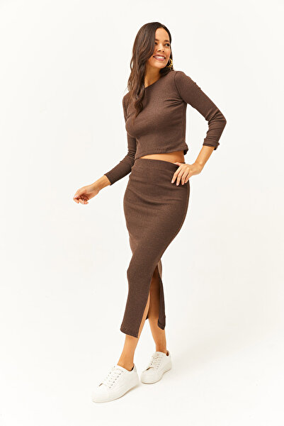 Olalook Kadın Acı Kahve Bisiklet Yaka Bluz Yırtmaçlı Etek Likralı Takım TKM-19000225