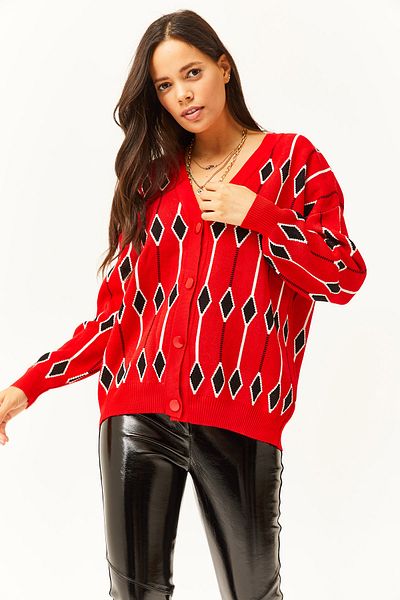 Olalook Women's Red Diamond Patterned Oversize Knitwear Cardigan HRK-19000244
