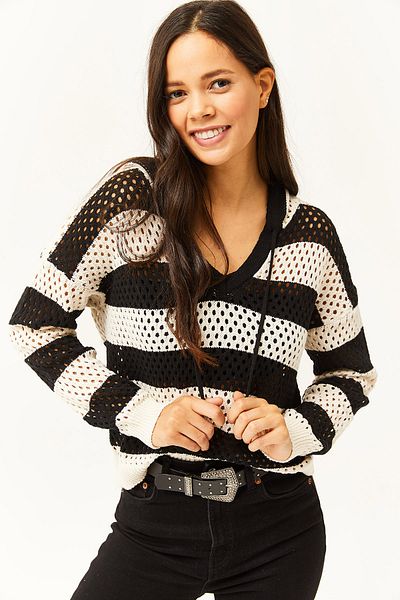 Olalook Gestreifte Damen-Strickbluse aus Baumwollstrick mit V-Ausschnitt in Stone Stone BLZ-19002415 für Damen