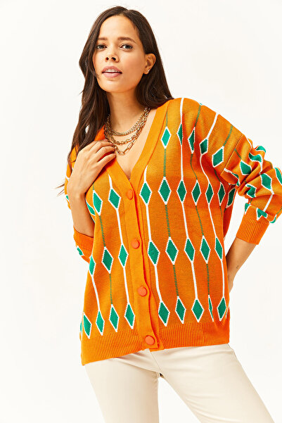 Olalook Dámský pletený svetr oranžový baklava se vzorem oversize HRK-19000244