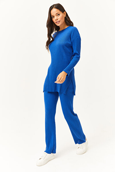 Olalook Жіночий сакс синій верхній розрізи блузка нижній палаццо приталений костюм TKM19000180