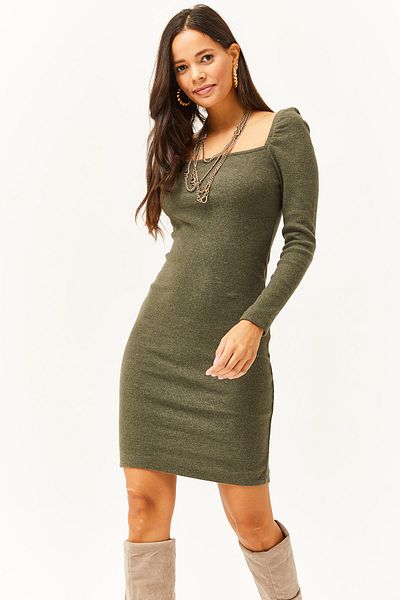Olalook Khakifarbenes Lycra-Kleid mit quadratischem Kragen für Damen ELB-19001612