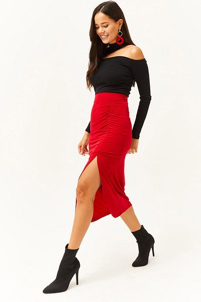 Olalook Women's Red Slit Drape Detailed Zippered Midi Sandy Skirt ETK-19000229