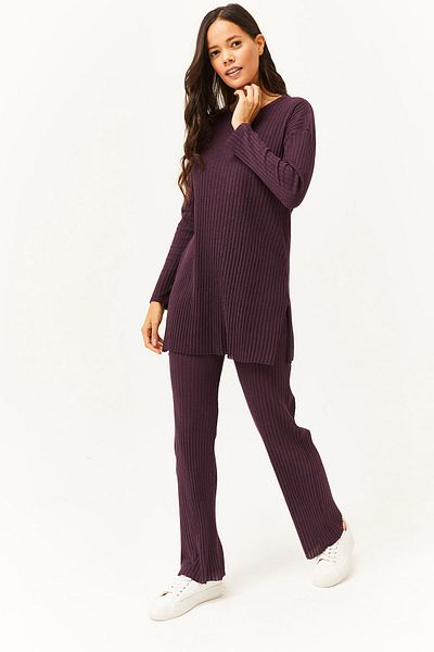 Olalook Damen Pflaumenfarbenes Oberteil mit Schlitz, Bluse, Unterteil, Palazzo, Kordelzug, Anzug TKM-19000180