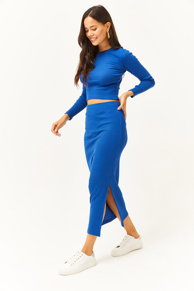 Olalook Жіночий Saks синій блузка з глибоким вирізом блузка з розрізом спідниця лайкра костюм TKM19000225