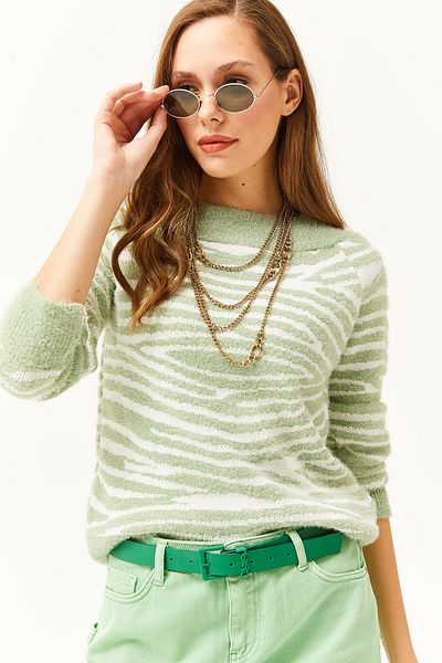 Olalook Women's Water Green Boat Neck Zebra Soft Textured Bearded Sweatshirt KZK-19000681