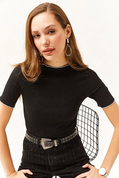Olalook Women's Black Baby Overlocked Blouse BLZ-19002421
