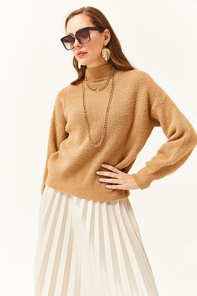 Olalook Дамски бисквитен пуловер Half Fisherman с мека текстура и брада от трикотаж KZK-19000679