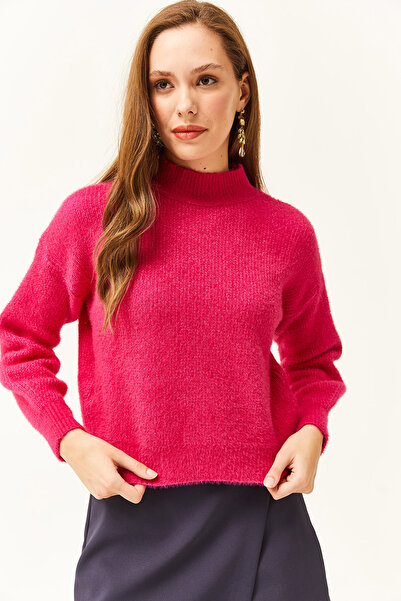 Olalook Kadın Fuşya Yarım Balıkçı Yumuşak Dokulu Sakallı Triko Kazak KZK-19000679