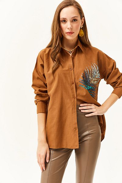 Olalook Dámská hnědá dlaň s flitry detailní oversize tkaná popelínová košile GML-19001016