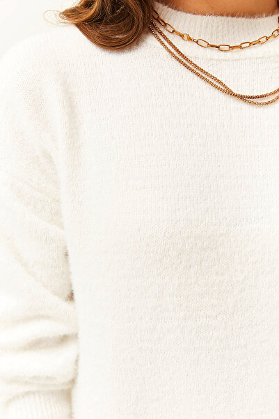 Olalook Women's White Crew Neck Soft Textured Bearded Tunic Dress ELB-19001977