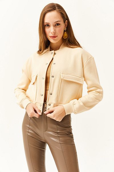 Olalook Damen-Fleece-Crop-Jacke in Beige mit Tasche und Druckknopfverschluss an der Innenseite CKT-19000365