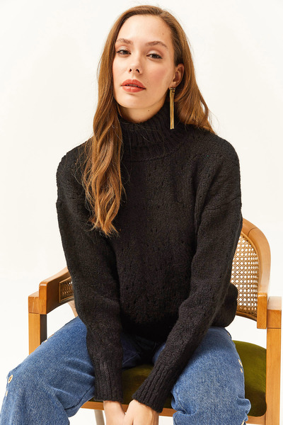Olalook Pulover de damă negru cu guler rotit cu crestătură moale din tricot KZK-19000680
