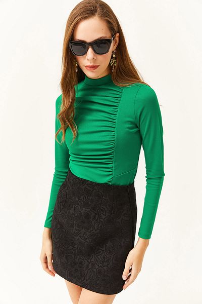 Olalook Γυναικεία πράσινη μπλούζα Lycra με ψηλό γιακά με γρασίδι με λεπτομέρεια συλλογής BLZ-19002408