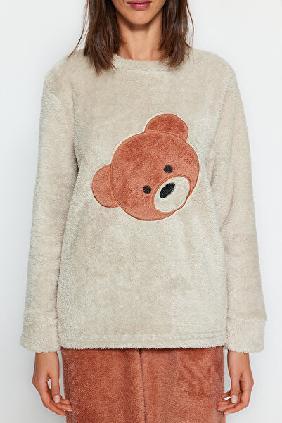 Trendyol Collection Zimní pletené pyžamo Ecru Wellsoft s medvídkem Thmaw24Pt00188