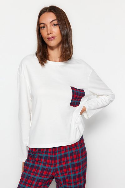 Trendyol Collection Weiß kariertes Pyjama-Set aus 100 % Baumwolle – Taschendetail, THMAW24PT00228