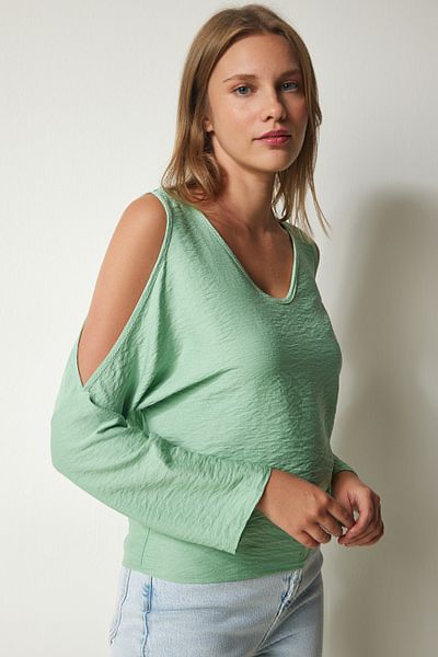 Happiness İstanbul Γυναικεία Water Green Shoulder-Decollete Flowy Ayrobin Μπλούζα to00080