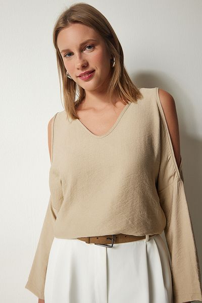 Happiness İstanbul Γυναικεία Μπεζ Off Shoulder Flowy Ayrobin Μπλούζα to00080