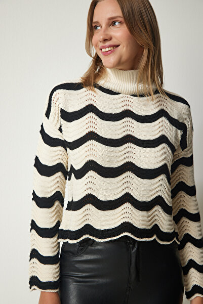 Happiness İstanbul Pulover de damă, cu model crem, tricotaj, CI00096