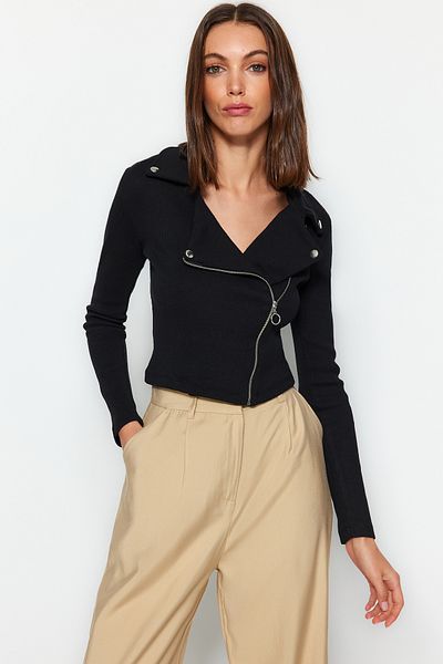 Trendyol Collection Czarna, sznurowana, zapinana na zamek, szczegółowo dopasowana/dopasowana, elastyczna kurtka z dzianiny TWOAW24CE00046