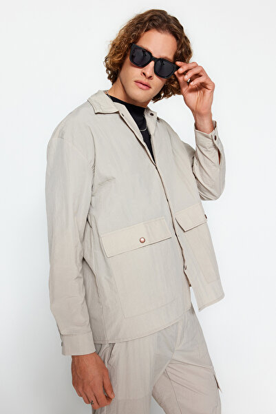 Trendyol Collection Oversize Stone Colored Snap Closure Shirt - Technical Fabric, Parachute Cut, Limited Edition TMNAW24GO00029