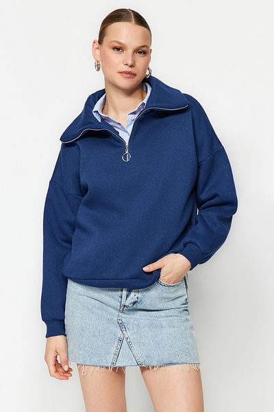Trendyol Collection Indigový stojáček na zip Silný vnitřní fleece Pletená mikina Regular Fit TWOAW24SW00347
