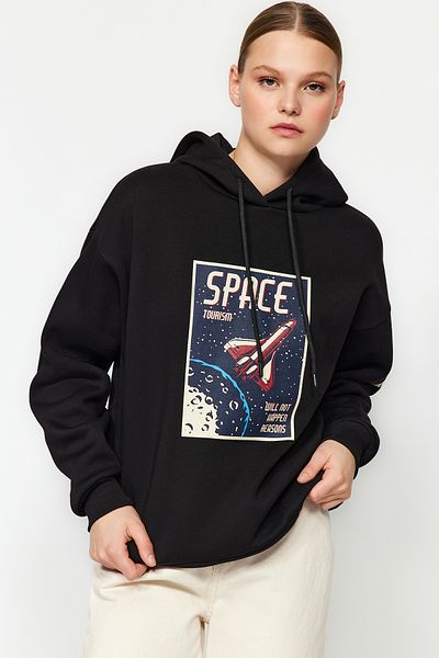 Trendyol Collection Черен дебел полар с отпечатано вътрешно пространство Oversize/широка плетена суичър TWOAW24SW00407