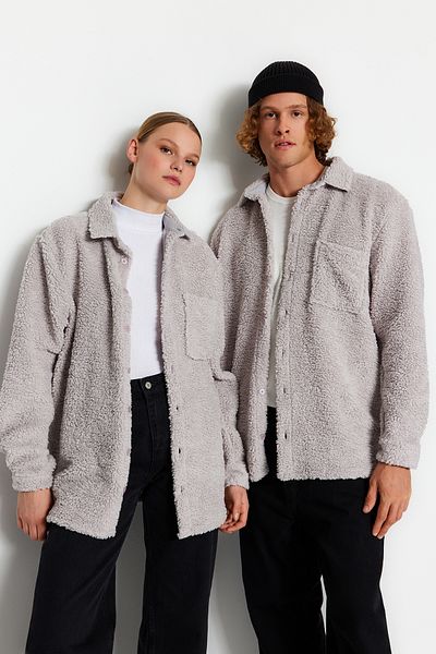 Trendyol Collection Light Gray Unisex Regular Fit Plush Shirt TMNAW24GO00076