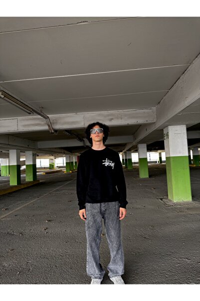 Genel Markalar Basic Stussy Beyaz Baskılı Siyah Günlük Sweatshirt