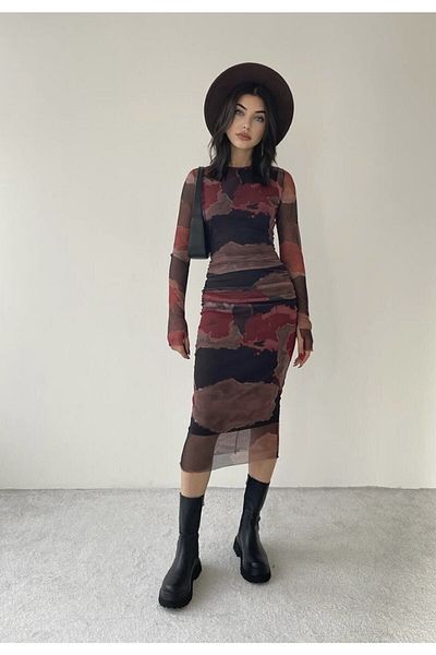 alenmoda Rochie din tul cu modele negru Noul sezon
